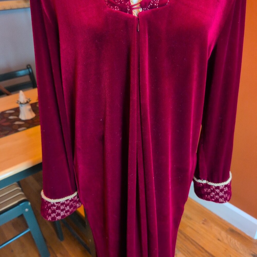 Adonna VTG Robe Lounger Velvet Velour Red & Gold Caftan House Gown Sz S - Picture 3 of 12